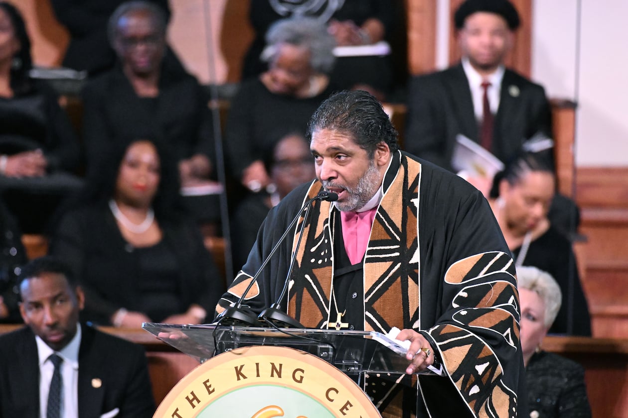 Rev. William J. Barber II delivers a keynote speech during the 57th Martin Luther King Jr. Beloved Community Commemorative Service at Ebenezer Baptist Church, Monday, Jan. 20, 2025, in Atlanta. (Hyosub Shin/AJC)