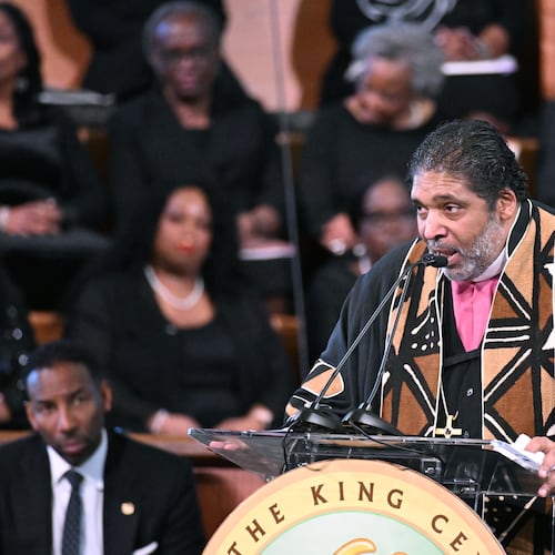 Rev. William J. Barber II delivers a keynote speech during the 57th Martin Luther King Jr. Beloved Community Commemorative Service at Ebenezer Baptist Church, Monday, Jan. 20, 2025, in Atlanta. (Hyosub Shin/AJC)