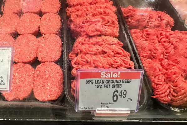 A price for beef is displayed at a grocery store in Mount Prospect, Ill., Thursday, July 17, 2025. (AP Photo/Nam Y. Huh)