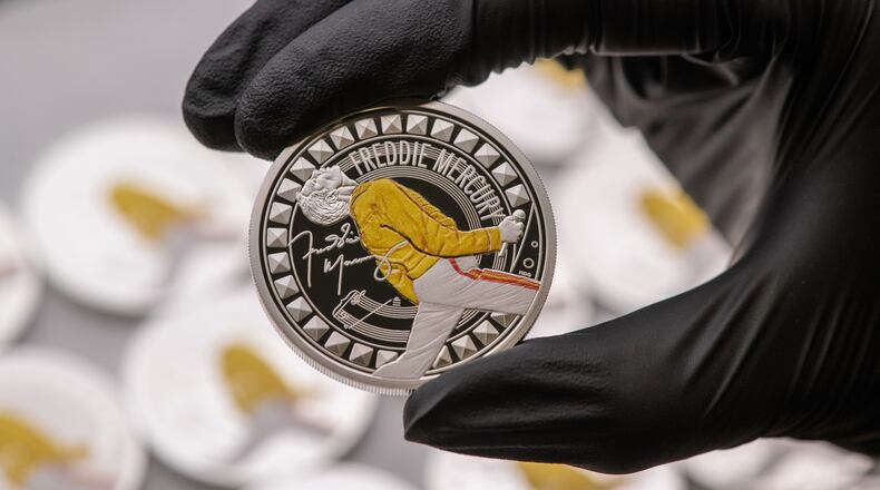 This photo provided by Royal Mint on Nov. 15, 2025, shows a UK coin to celebrate one of the greatest showmen of all time, Freddie Mercury. (Royal Mint via AP)