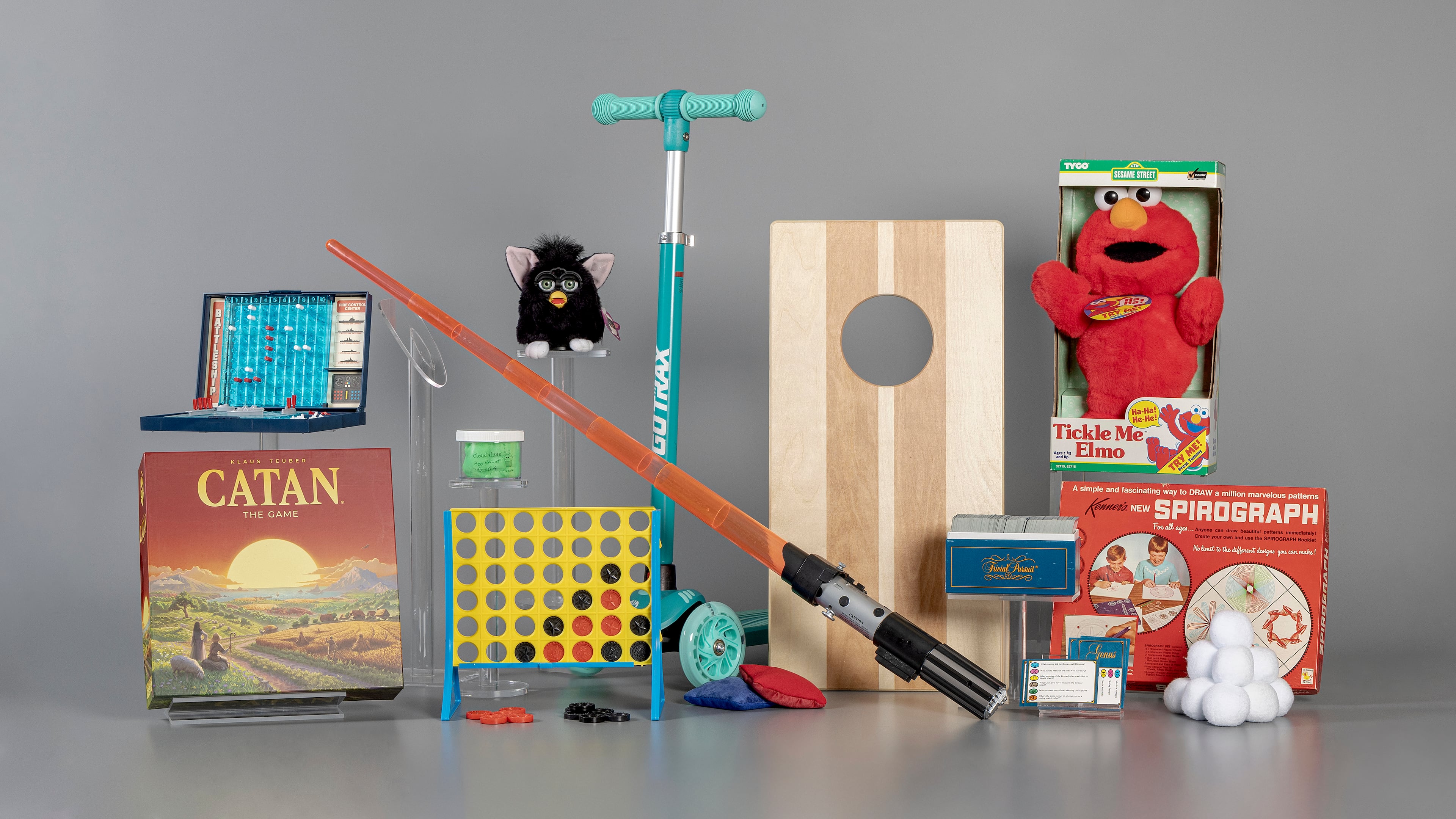 The Strong's National Toy Hall of Fame in Rochester, N.Y., on Sept. 17, 2025, announced the 12 finalists in the running for induction later this year: Battleship, Catan, Connect Four, cornhole, Furby, scooter, slime, snow, Spirograph, Star Wars Light Saber, Tickle Me Elmo, and Trivial Pursuit. (Strong’s National Toy Hall of Fame via AP)