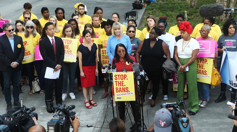 Andrea Young, the executive director of the American Civil Liberties Union of Georgia, speaks at a press conference about her organization’s lawsuit against the state’s restrictive abortion law. Christina Matacotta/christina.matacotta@ajc.com
