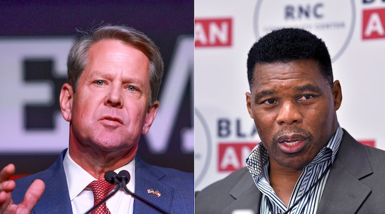On the eve of the midterm elections, Gov. Brian Kemp, left, led a fly-around tour of the state with most of the other Republican statewide candidates. One of the major candidates who did not participate was U.S. Senate hopeful Herschel Walker. Asked about Walker's absence, Kemp said he “definitely part of the team.” (Atlanta Journal-Constitution/TNS)