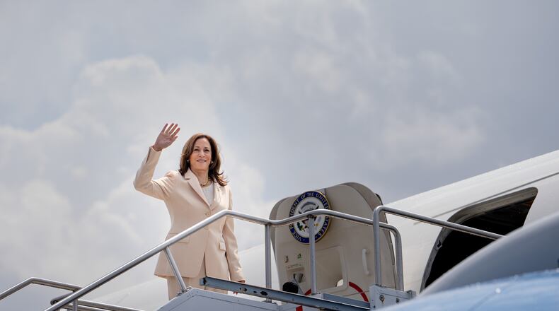 Vice President Kamala Harris boards Air Force Two in Indianapolis after speaking at Zeta Phi Beta's Grand Boulé convention on Wednesday, July 24, 2024. (Erin Schaff/The New York Times)
