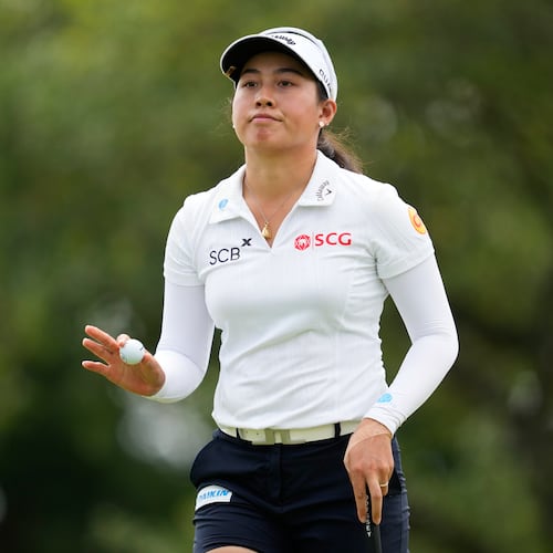 Jeeno Thitikul, of Thailand, waves after making a putt on the 13th hole during the second round of the Chevron Championship LPGA golf tournament Friday, April 24, 2026, in Houston. (AP Photo/Ashley Landis)
