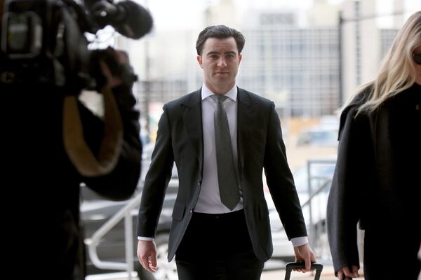 Dillon Dube, one of five members of Canada’s 2018 world junior hockey team charged with sexual assault last year for an incident that allegedly took place in June 2018, arrives at the London Courthouse in London, Ontario, Wednesday, April 23, 2025. (Nicole Osborne/The Canadian Press via AP)