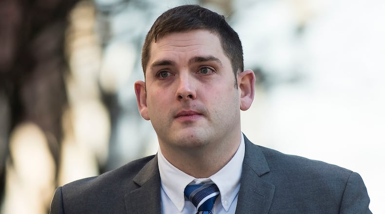 In this March 12, 2019 file photo, former East Pittsburgh police officer Michael Rosfeld, charged with homicide in the shooting death of Antwon Rose II, walks to the Dauphin County Courthouse in Harrisburg, Pa. On the fourth day of trial in Pittsburgh, Rosfeld was acquitted Friday March 22, 2019 of all counts in the death of Rose. (AP Photo/Matt Rourke)
