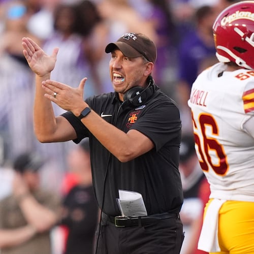 Iowa State head coach Matt Campbell, left, yells from the sidelines during the second half of an NCAA college football game against TCU, Saturday, Nov. 8, 2025, in Fort Worth, Texas. (AP Photo/LM Otero)