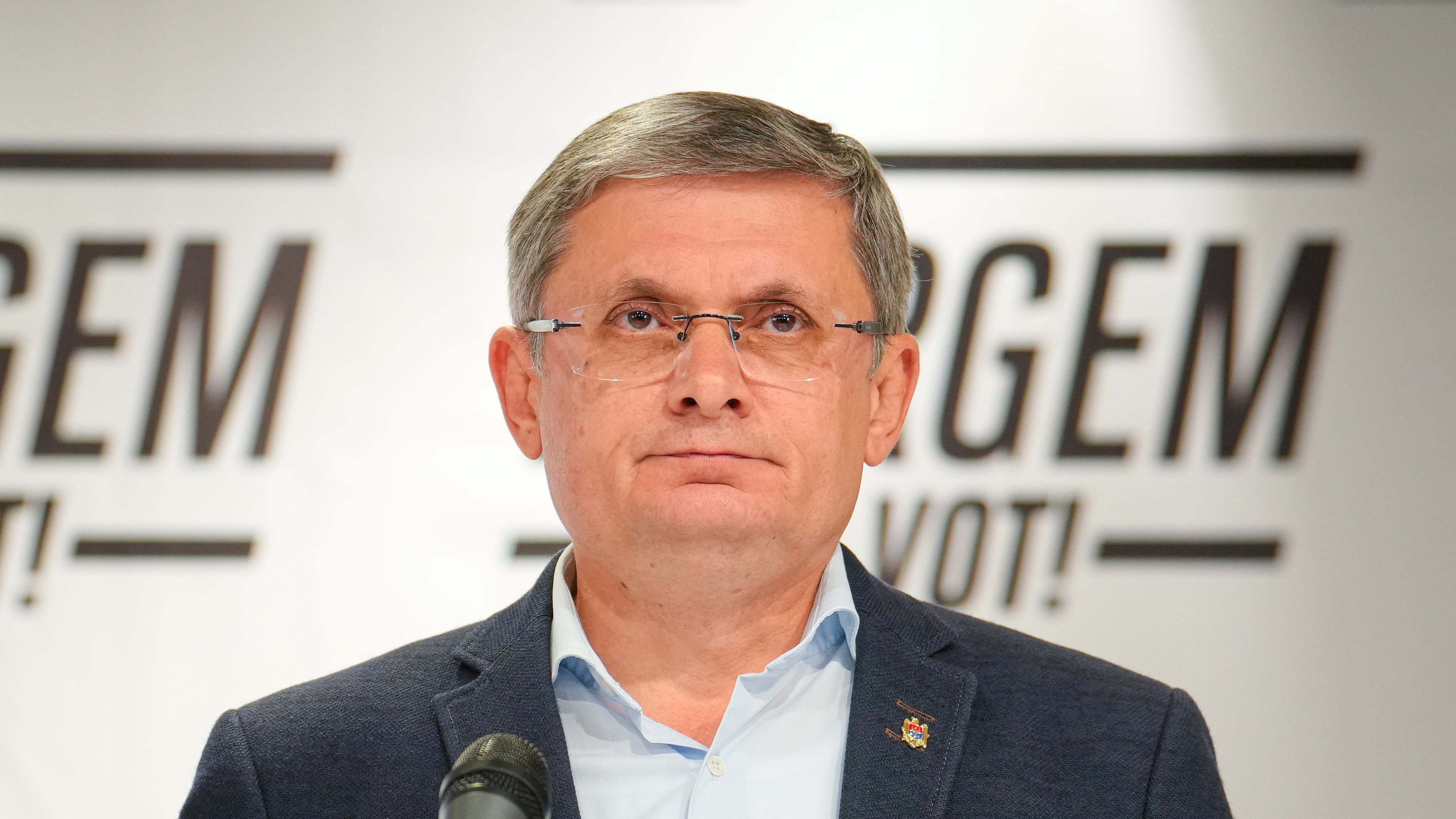 Igor Grosu, president of Moldova's parliament and leader of the pro-EU Party of Action and Solidarity speaks to the media during a press briefing after the polls closed for the parliamentary election, in Chisinau, Moldova, Sunday, Sept. 28, 2025. (AP Photo/Vadim Ghirda)
