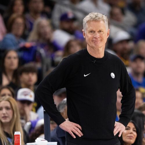 Golden State Warriors head coach Steve Kerr is seen during the second half of his NBA play-in tournament game against the Phoenix Suns at Mortgage Matchup Center in Phoenix, Ariz., Friday, April 17, 2026. (Stephen Lam/San Francisco Chronicle via AP)