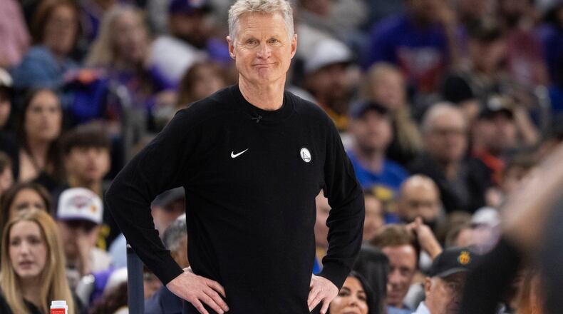 Golden State Warriors head coach Steve Kerr is seen during the second half of his NBA play-in tournament game against the Phoenix Suns at Mortgage Matchup Center in Phoenix, Ariz., Friday, April 17, 2026. (Stephen Lam/San Francisco Chronicle via AP)