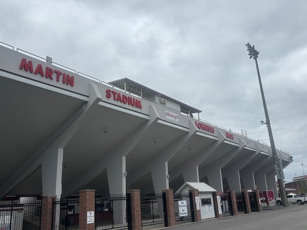 Lowndes High School's Martin Stadium is better known as "The Concrete Jungle." The stadium is visible from I-75, a symbol of the importance of high school football in South Georgia. (Jack Leo/AJC)