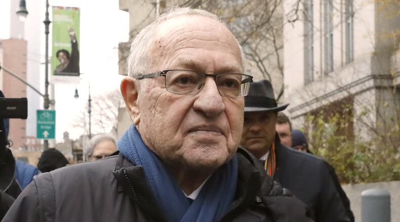 FILE - Attorney Alan Dershowitz leaves federal court,in New York, Dec. 2, 2019. (AP Photo/Richard Drew, File)