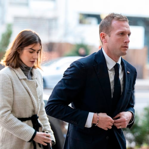 FILE - Rep.-elect Max Miller, R-Ohio, arrives for new member orientation check-in and program registration with Emily Moreno in Washington, Nov. 13, 2022. (AP Photo/Amanda Andrade-Rhoades, File)