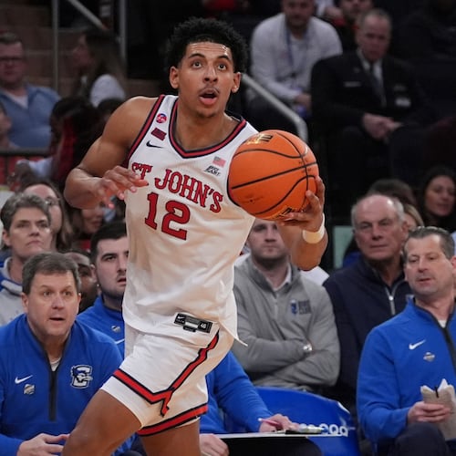 FILE - St. John's RJ Luis Jr. looks toward the basket during the first half of an NCAA college basketball game against Creighton in the championship of the Big East Conference tournament, March 15, 2025, in New York. (AP Photo/Frank Franklin II, File)