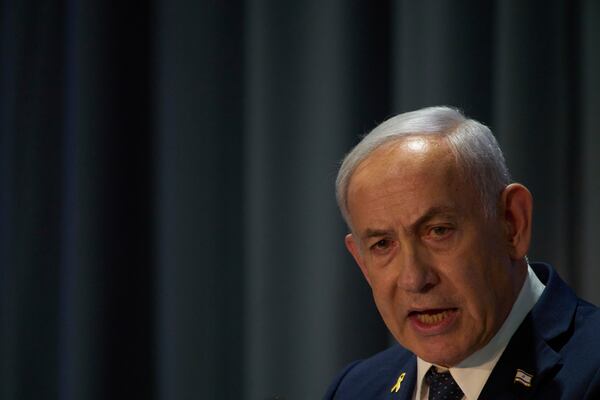 Israel's Prime Minister Benjamin Netanyahu delivers a speech during the International Conference on Combating Antisemitism in Jerusalem, Israel,Thursday, March 27, 2025. (AP Photo/Leo Correa)