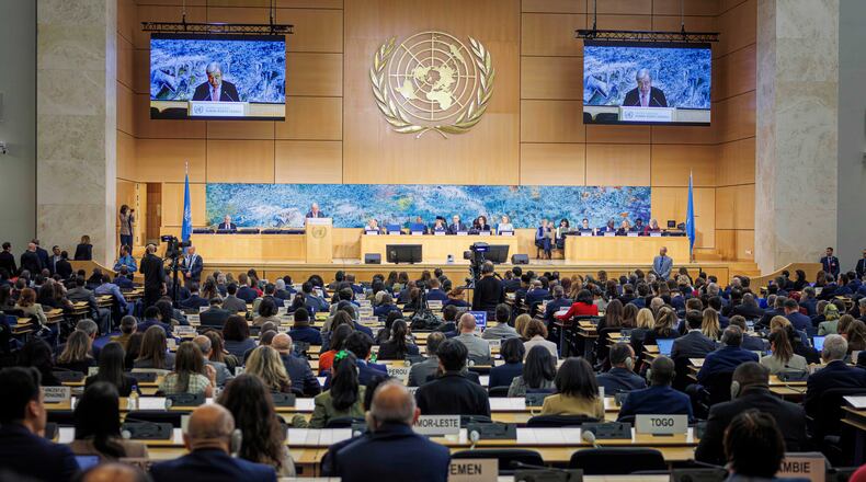 FILE - U.N. Secretary-General Antonio Guterres speaks during the opening of the 61st session of the United Nations Human Rights Council at the European headquarters of the United Nations in Geneva, Feb. 23, 2026. (Valentin Flauraud/Keystone via AP, File)