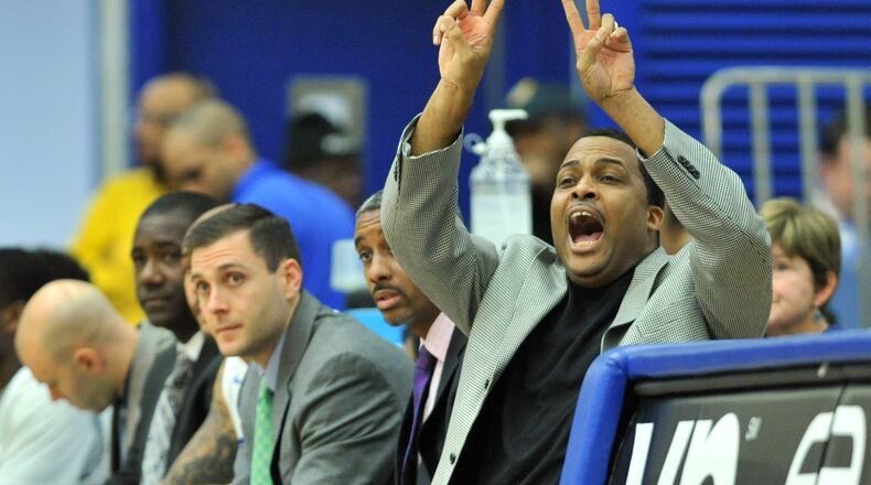 Georgia State Panthers head coach Ron Hunter shouts instructions in the first half of their NCAA college basketball game against the Troy Trojans at the GSU Arena on Saturday, January 10, 2015. HYOSUB SHIN / HSHIN@AJC.COM
