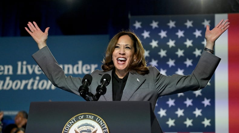 Vice President Kamala Harris speaks during a campaign stop at the Cobb Energy Performing Arts Centre, Friday, September 20, 2024, in Atlanta. The vice president and Democratic presidential nominee made a speech to address abortion rights after a ProPublica report linked the deaths of two Georgia women to the state’s GOP-backed policies. (Hyosub Shin / AJC)