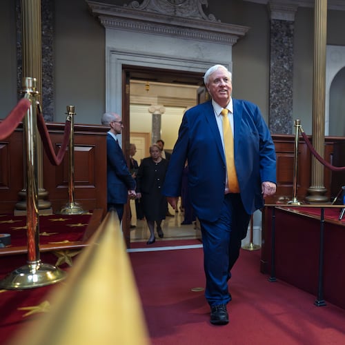 FILE Sen. Jim Justice, R-W.Va., arrives in the Old Senate Chamber for a mock swearing-in ceremony, at the Capitol, in Washington, Tuesday, Jan. 14, 2025. (AP Photo/J. Scott Applewhite)