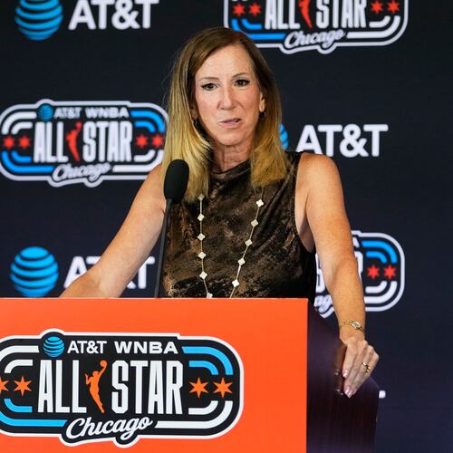 WNBA Commissioner Cathy Engelbert talks to media at a news conference before a WNBA All-Star basketball game between Team Coop and Team Spoon in Chicago, Saturday, July 25, 2026. (AP Photo/Nam Y. Huh)
