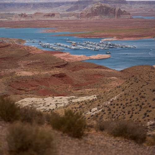 The Wahweap Marina floats on Lake Powell at the Glen Canyon National Recreation Area, Wednesday, July 15, 2026, near Page, Ariz. (AP Photo/John Locher)