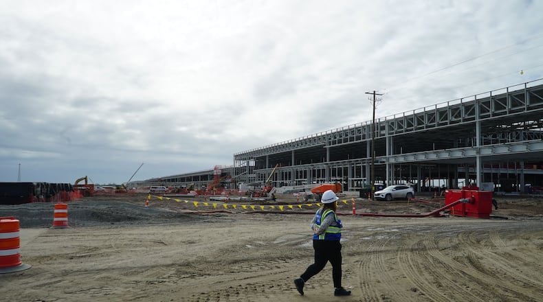 Construction progress on Hyundai Motor Groups Metaplant near Savannah, Georgia, is shown on Oct. 25, 2023. The $7.6 billion electric vehicle and battery plant is expected to begin production in late 2024 or early 2025. (Drew Kann/The Atlanta Journal-Constitution/TNS)