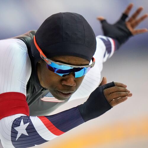 Erin Jackson competes in the women's 500 meters at the U.S. Olympic trials for long track speed skating at the Pettit National Ice Center Sunday, Jan. 4, 2026 in Milwaukee. (AP Photo/Morry Gash)