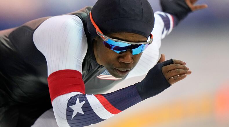 Erin Jackson competes in the women's 500 meters at the U.S. Olympic trials for long track speed skating at the Pettit National Ice Center Sunday, Jan. 4, 2026 in Milwaukee. (AP Photo/Morry Gash)