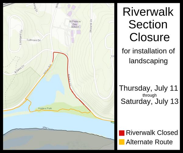 The stretch of the Riverwalk trail that is closed spans from the corner of Willeo Road and Azalea Drive, to where the boardwalk begins. There is a longer alternate route.