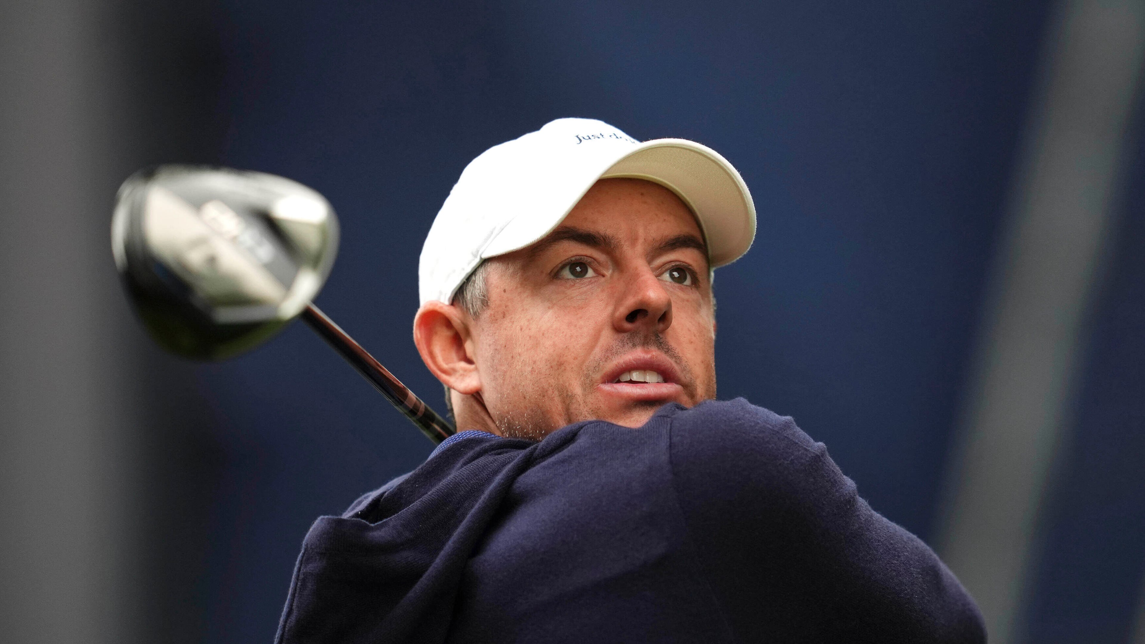 Rory McIlroy of Northern Ireland tees off the 17th during day four of the 2025 BMW PGA Championship at Wentworth Golf Club in Virginia Water, Surrey, England, Sunday Sept. 14, 2025. (Adam Davy/PA via AP)