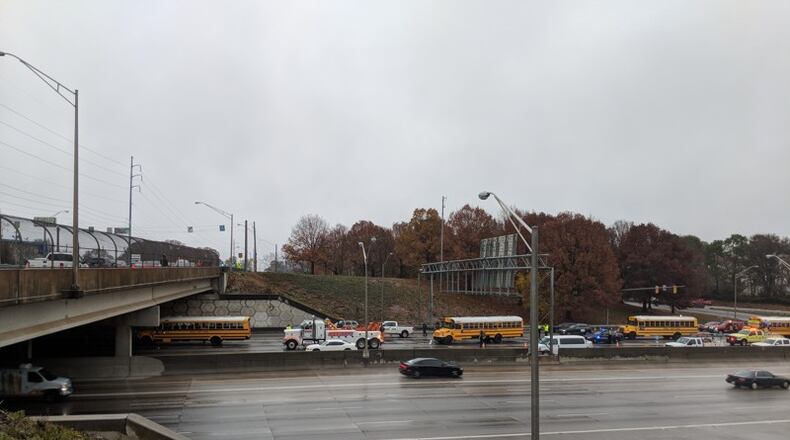 Three Rockdale County school buses were traveling together to a field trip Friday morning, the school system said.