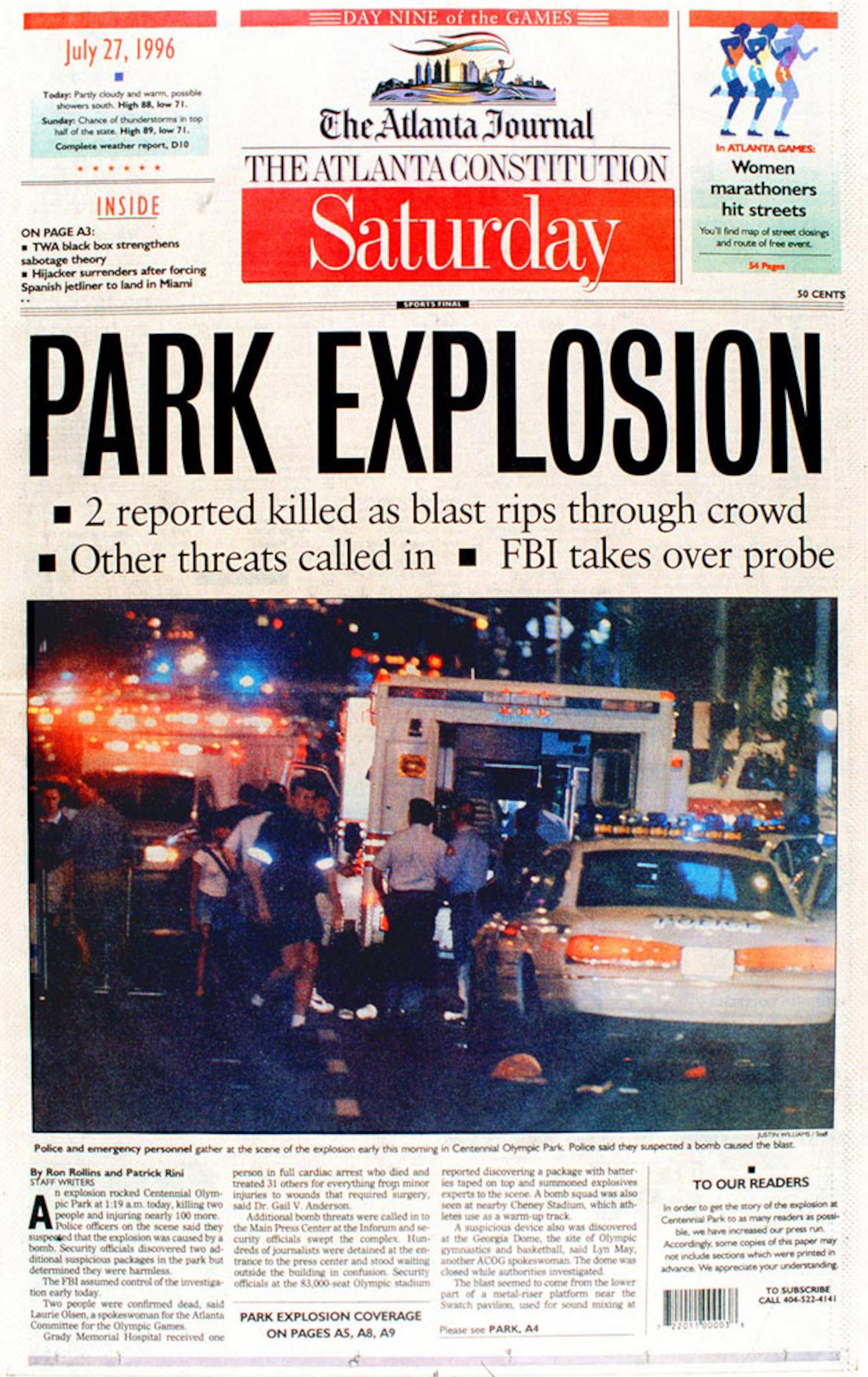 The Saturday, July 27, 1996, front page of the combined Atlanta Journal and Constitution newspaper the day of the Centennial Olympic Park explosion. (AJC file)