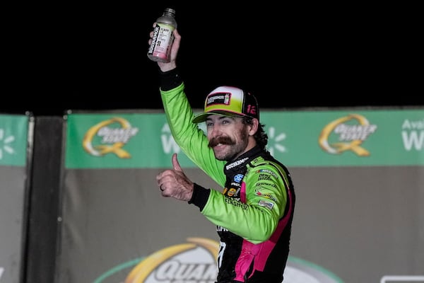Ryan Blaney won Sunday's weather-delayed Quaker State 400 at Atlanta's EchoPark Speedway. (Mike Stewart/AP)