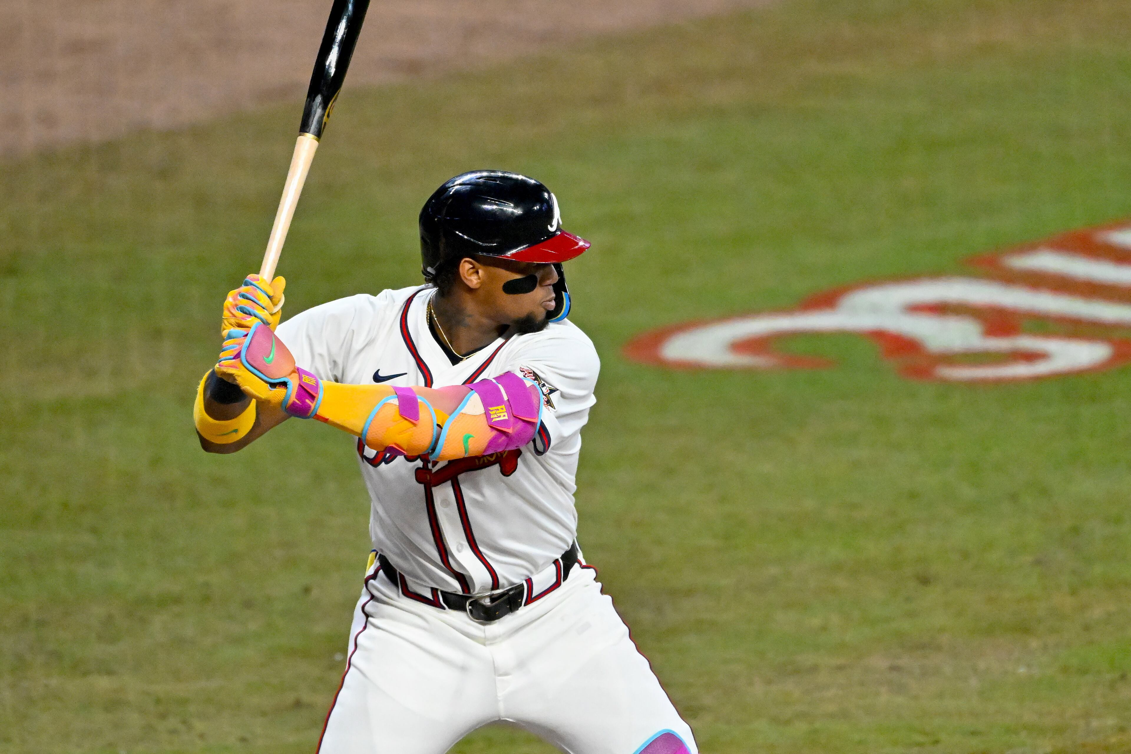 National League batter Ronald Acuña Jr. of the Atlanta Braves faces the American League during the second inning of the MLB All-Star Game at Truist Park in Atlanta on Tuesday, July 15, 2025. (Hyosub Shin/AJC)