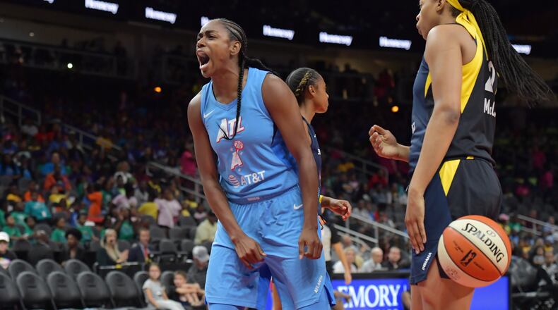 On one of the good days inside State Farm Arena this season, Atlanta Dream guard Tiffany Hayes celebrates during a victory over Indiana. (HYOSUB SHIN / HSHIN@AJC.COM)