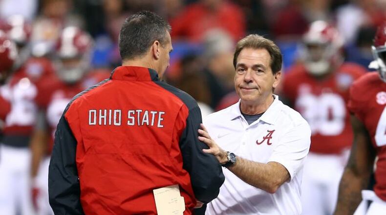 Nick Saban, right, and his Alabama team clinch the fourth spot in the College Football Playoff over Urban Meyer, left, and his Ohio State Buckeyes.