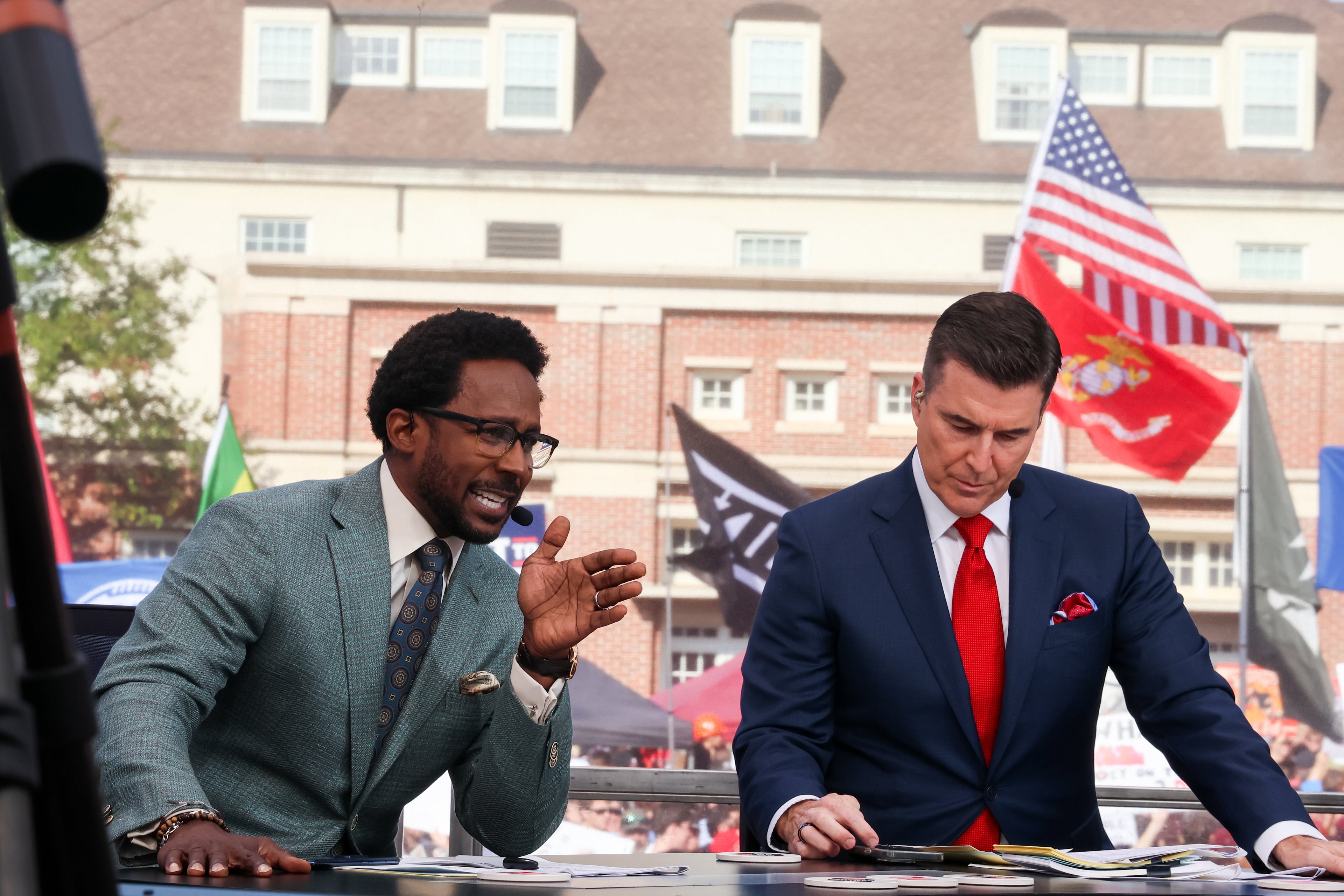 Desmond Howard (left) and host Rece Davis talk football during the ESPN College GameDay broadcast from Myers Quad at UGA on Saturday, Oct. 18, 2025. (C.J. Bartunek for the AJC)