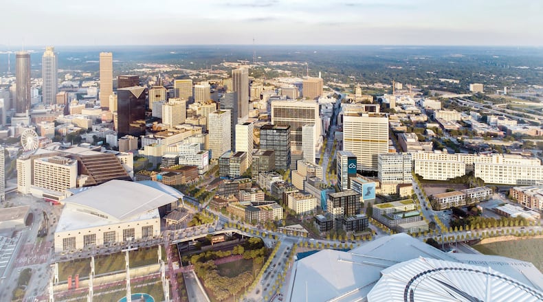 A rendering from developer CIM Group shows the California-based company’s vision for downtown Atlanta’s Gulch, stretching from Mercedes-Benz Stadium, right, to the Five Points MARTA station.