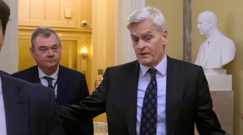Sen. Bill Cassidy, R-La., departs the U.S. Capitol prior to a confirmation vote for acting Attorney General Todd Blanche, Friday, Aug. 7, 2026, in Washington. (AP Photo/Rod Lamkey, Jr.)