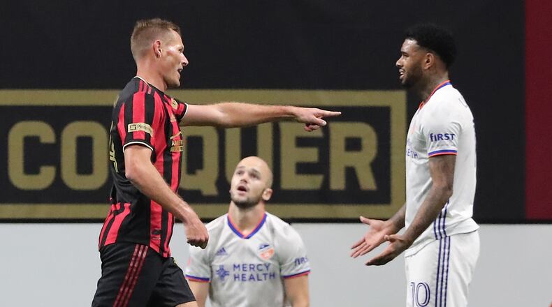 Atlanta United forward Adam Jahn celebrates after scoring a goal against Cincinnati to take a 1-0 lead during the 8th minute Sunday, Nov. 1, 2020, at Mercedes-Benz Stadium in Atlanta. (Curtis Compton / Curtis.Compton@ajc.com)