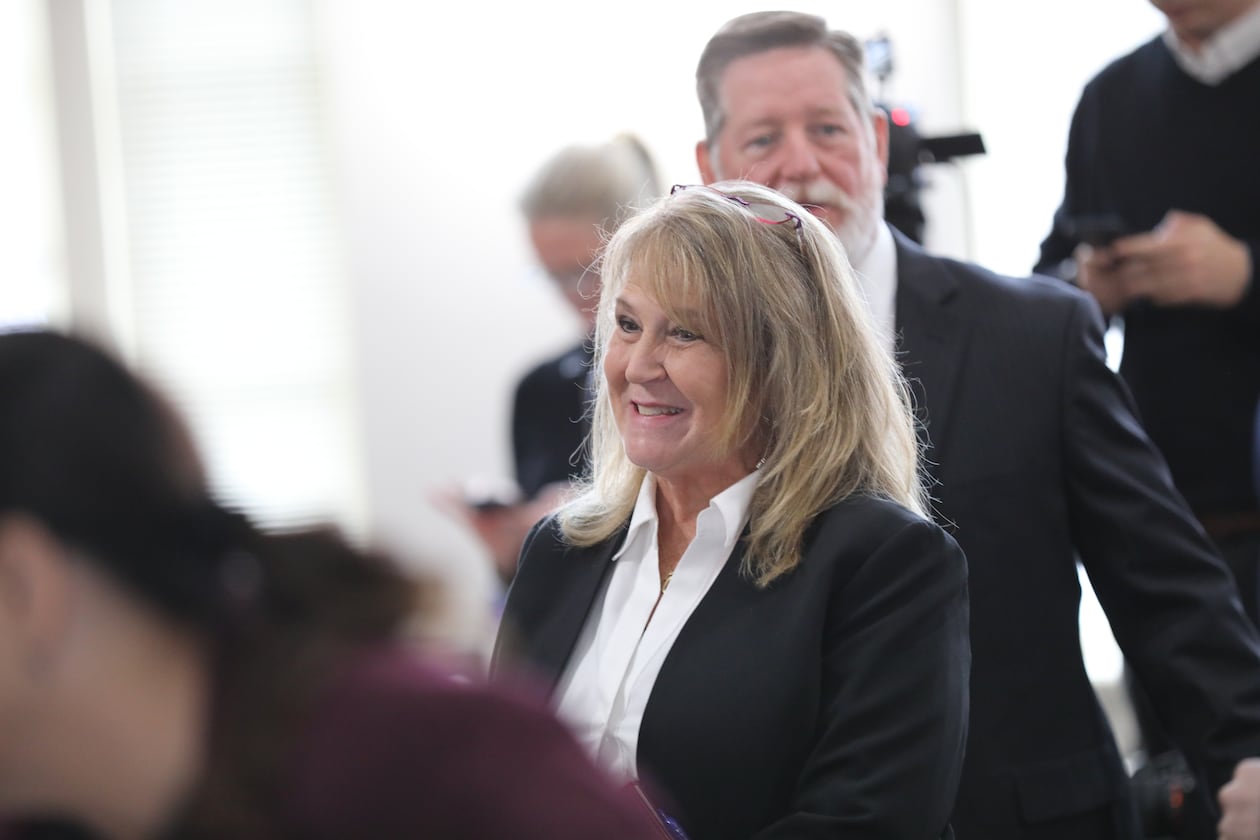 Former Colleton County Clerk of Court Mary Rebecca "Becky" Hill smiles after pleading guilty on Monday, Dec. 8, 2025, in St. Matthews, S.C.. (AP Photo/Jeffrey Collins)