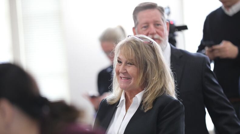 Former Colleton County Clerk of Court Mary Rebecca "Becky" Hill smiles after pleading guilty on Monday, Dec. 8, 2025, in St. Matthews, S.C.. (AP Photo/Jeffrey Collins)