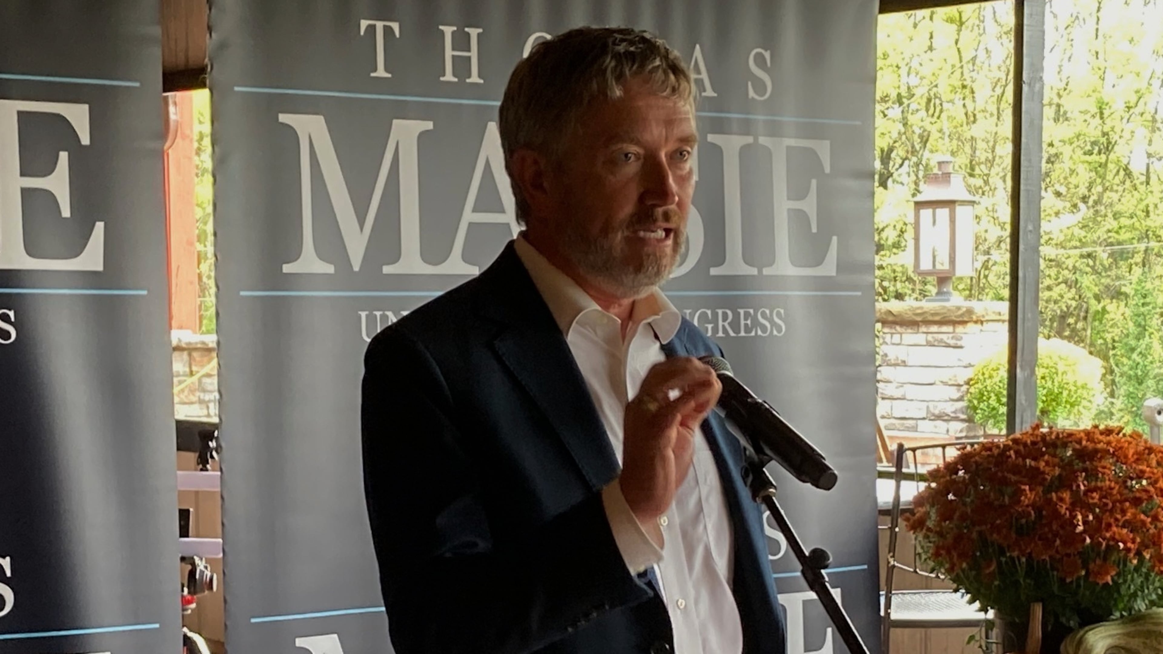 Republican U.S. Rep. Thomas Massie speaks to a crowd gathered in Shelbyville, Ky., on Thursday, Sept. 25, 2025. (AP Photo/Bruce Schreiner)