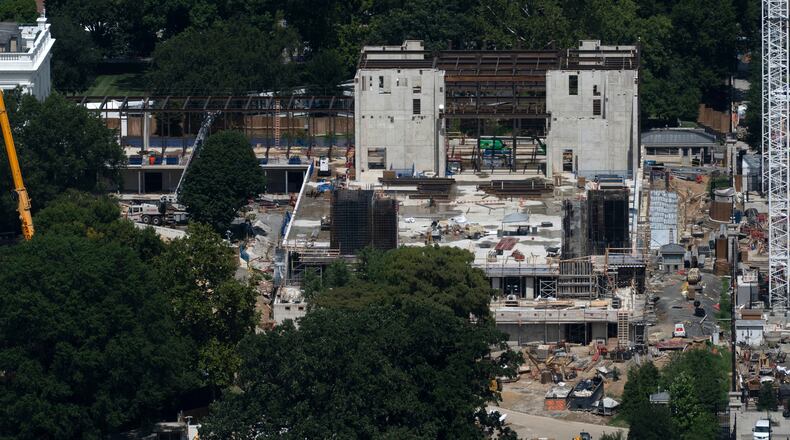 The new White House ballroom under construction, built on the demolished East Wing, is pictured, as seen from the Washington Monument, Sunday, August. 23, 2026, in Washington. (AP Photo/Manuel Balce Ceneta)