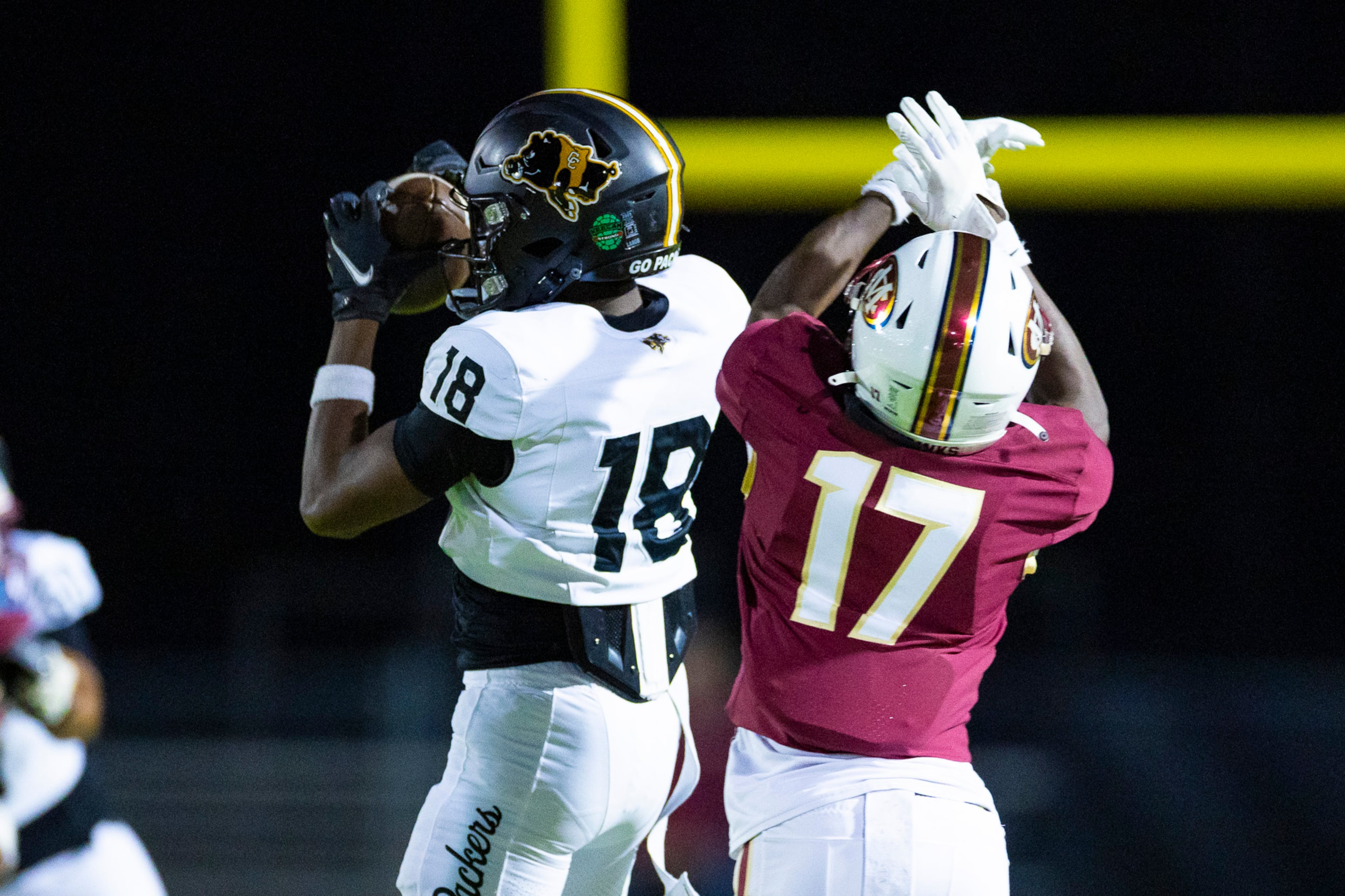 Colquitt wide receiver A Lockett (18) makes a catch during the first half against Mill Creek at Mill Creek Community Stadium in Hoschton on Nov. 14th, 2025. (Oscar Guevara Saenz for the AJC)