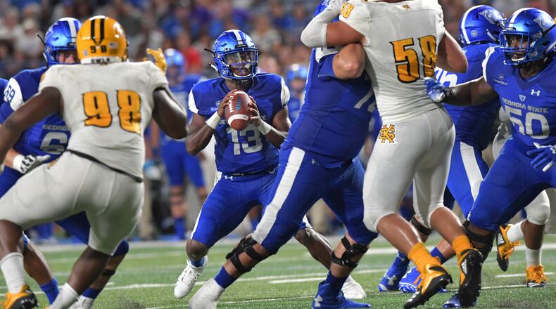 August 30, 2018 Atlanta - Georgia State quarterback Dan Ellington (13) looks to pass in the second half of Georgia State season opening game against the Kennesaw State at Georgia State Stadium on Thursday, August 30, 2018. Georgia State won 24-20 over the Kennesaw State. HYOSUB SHIN / HSHIN@AJC.COM