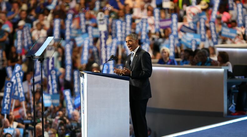 President Barack Obama speaks Wednesday at the Democratic National Convention in Philadelphia. MIGUEL MARTINEZ / MUNDO HISPANICO
