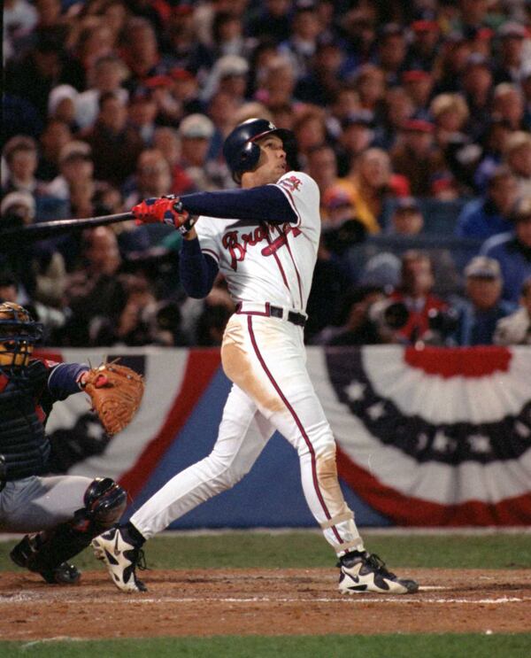 OCTOBER 28, 1995 ATLANTA WORLD SERIES GAME 6 10/28/95: David Justice homers in the 6th inning. (AJC photo/Frank Niemeir)