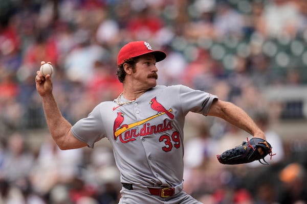 St. Louis Cardinals pitcher Miles Mikolas (39) works against the Atlanta Braves in the first inning of a baseball game, Wednesday, April 23, 2025, in Atlanta. (AP Photo/Mike Stewart)